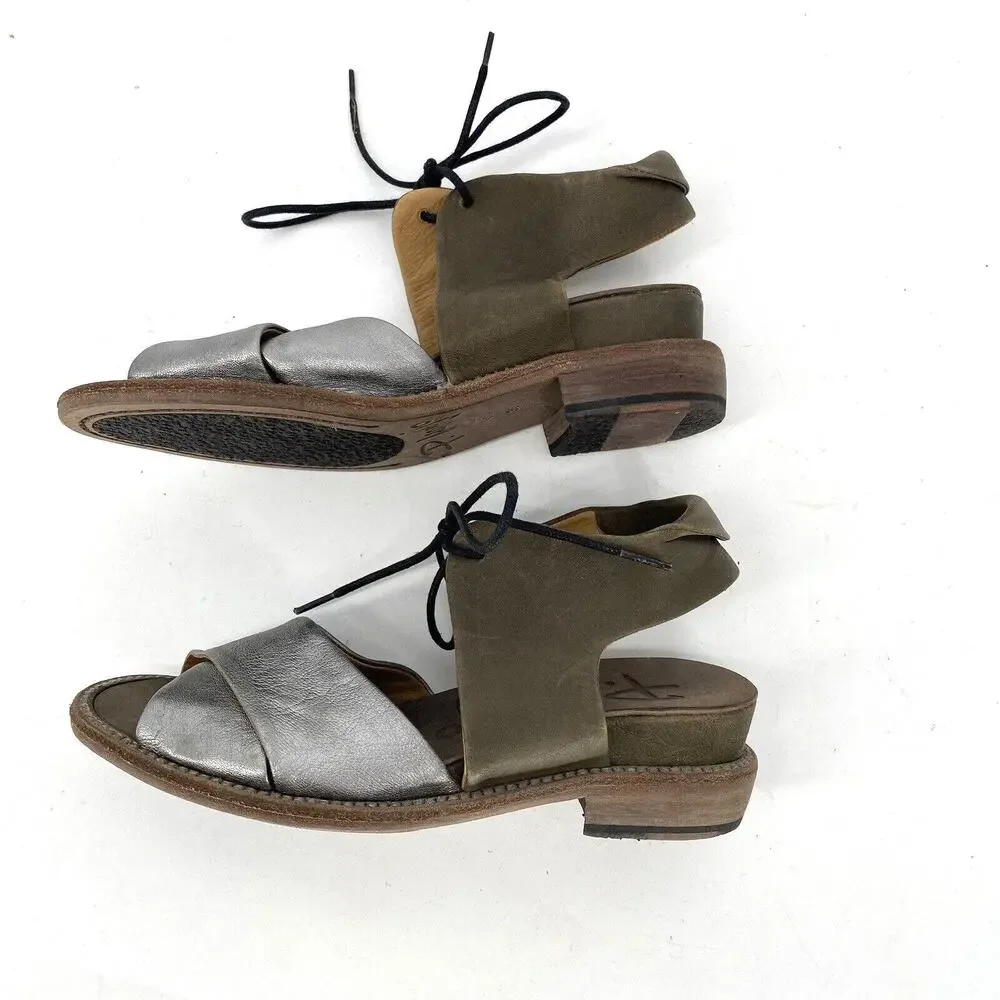 P Monjo Leather Sandals Womens 36 Silver Tan Roman Slingback Lace Up